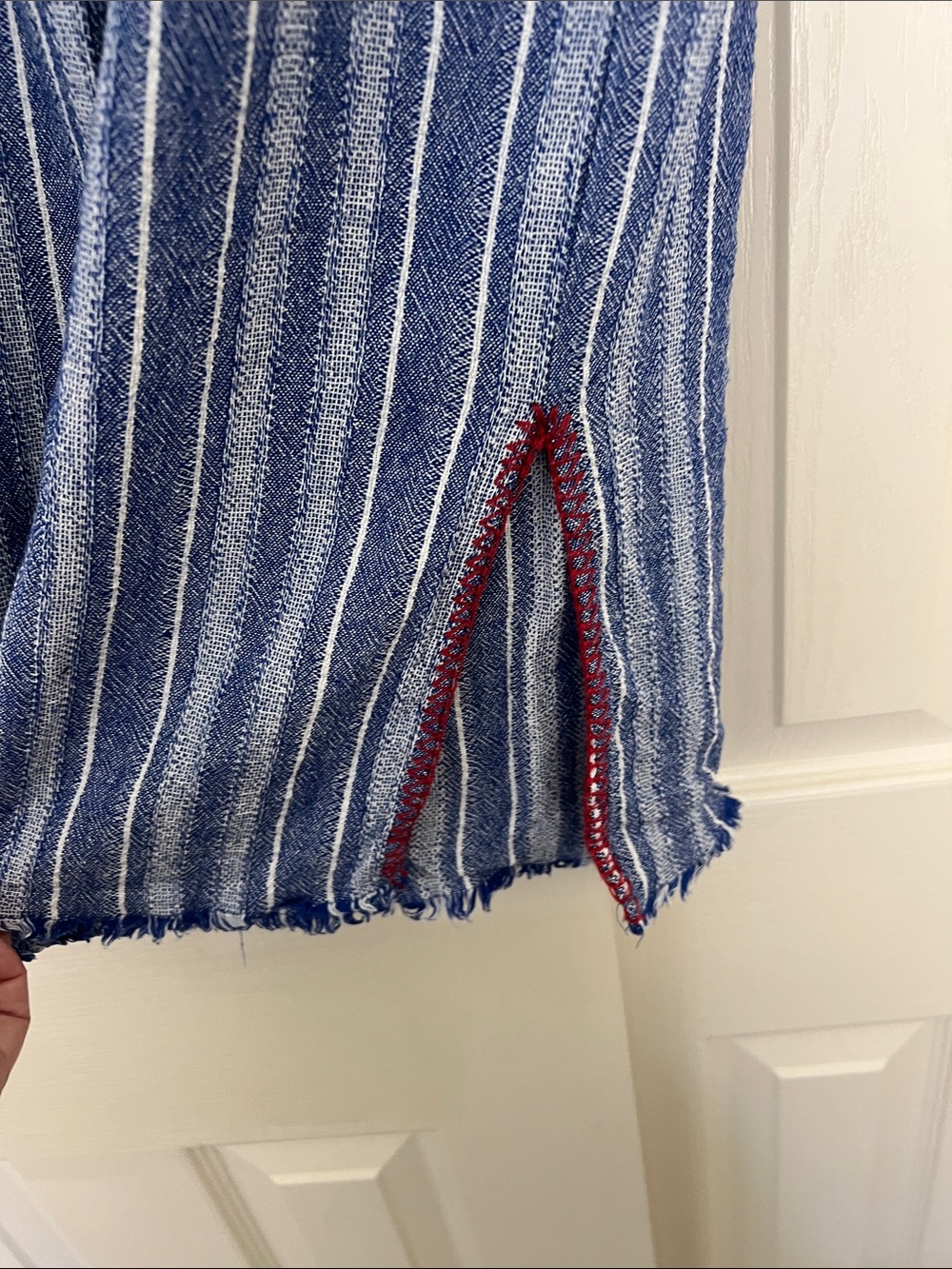 Striped Blue Cropped Drawstring Capris - Picture 2 of 4